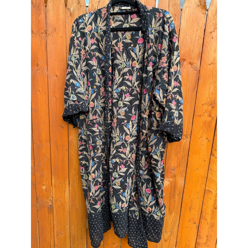 The Shop India Floral Kimono Robe Black Polka Dot Trim Duster One Size UNI